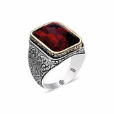 Silver Zircon Red Stone Square Men's Ring